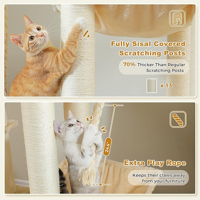 PETEPELA 67" XXL Cat Tree for Large Cats up to 25 lbs, Heavy Duty Cat Tower w/13 Extra-Thick Sisal Scratching Posts [φ4.3”], Cat Furniture with Metal Frame Hammock & XL Condo for Maine Coon, Beige
