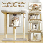 Cat Tree Tower Scratching Post for Indoor Large Cats, Small Cat Tree with Big Perch Bed, 28in Tall Trees House with Condo Cave, Toy Balls, Modern Climbing Furniture Platform for Kitten (Light Gray)