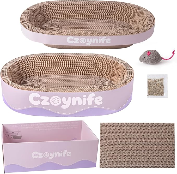 3PCS Cat Scratcher Bed, Oval Cat Scratcher Pad Bowl Nest for Indoor Cats, Round Cat Scratching Cardboard, Furniture Protector for Couch, for Kittens (Purple, 17 * 11.5 in)