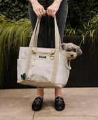 Cleverpup Transit Tote Dog Carrier for Small Dogs up to 8 lbs, 16x11x8 Soft-Sided 4-Pc Set with Waterproof Base, Plush Insert, Food Pouch, Mesh Head Opening - Small, Sand