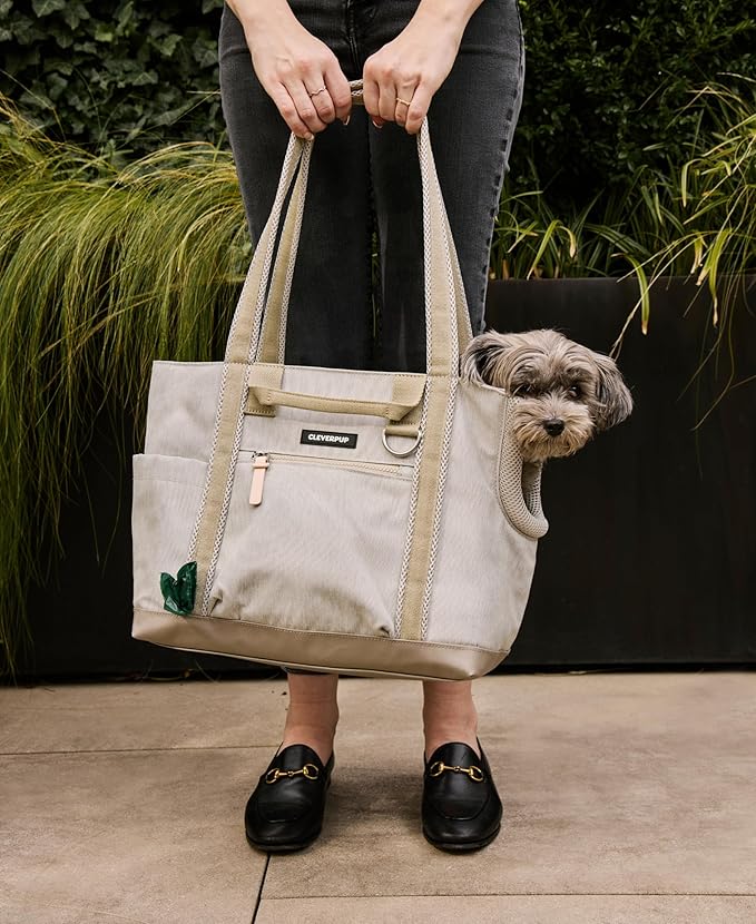 Cleverpup Transit Tote Dog Carrier for Small Dogs up to 8 lbs, 16x11x8 Soft-Sided 4-Pc Set with Waterproof Base, Plush Insert, Food Pouch, Mesh Head Opening - Small, Sand