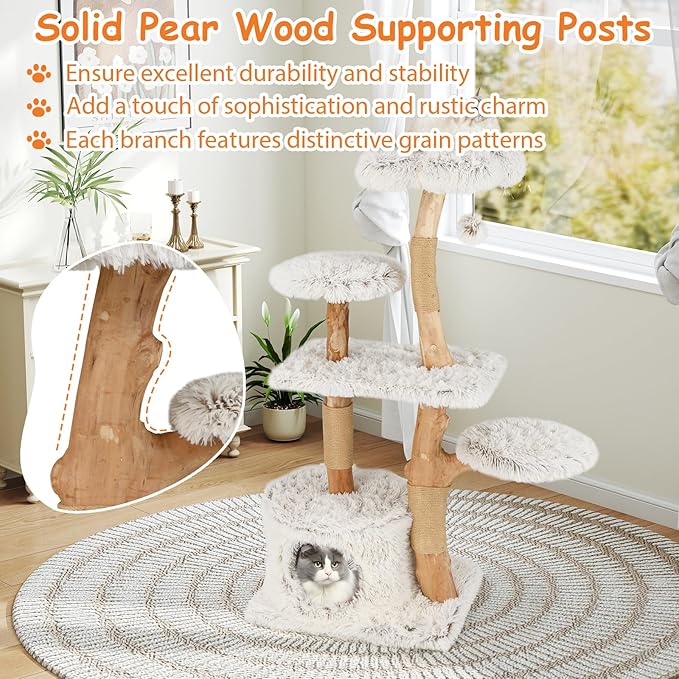 Tangkula Modern Cat Tree, 53 Inch Tall Natural Branch Wooden Cat Tower with Jute Scratching Posts, Plush Perch, Condo, Aesthetic Luxury Solid Wood Flower Cat Tree for Indoor Cats Large Adult (White)