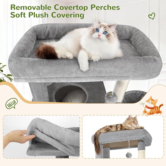 Globlazer Sturdy Cat Tree, 69-inch Large Cat Tower for Indoor Adult Cats 20 lbs Heavy Duty Cat Tree for Big Cats with Large Platform, 6 Scratching Post,Sisal Scratching Board, S69B, Light Gray