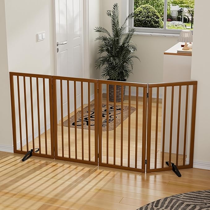 Dog Gate 32" Tall Foldable Dog Gate for Doorways Freestanding Pet Gate for Dogs Indoor (Walnut, 4 Panel)