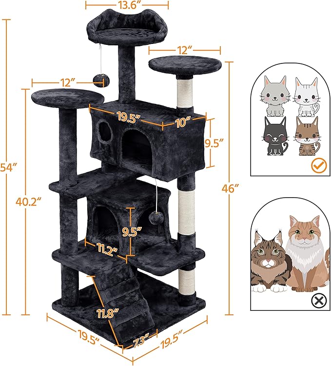 Topeakmart 54in Cat Tree, Cat Tower w/Large Cat Condo Scratching Posts and Perch, Cat Stand House Furniture, Black