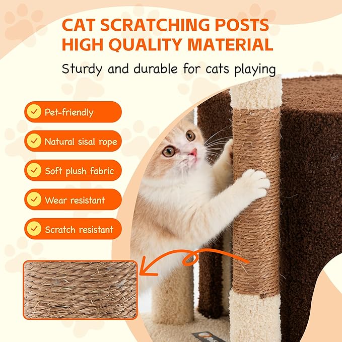 Cat Tree for Indoor Cats, 39.8-inch Cat Tower with 2 Plush Perches for Play & Rest, 1 Cozy Hideaway, Dangling Toy & Full Sisal Scratching Posts for Indoor Cats, Brown