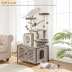 HOOBRO Cat Tree with Litter Box Enclosure, 27.6" L x 18.9" W x 52" H, All-in-One Wooden Cat Tower, Cat Furniture for Indoor Cats, Cat Condo with Hammock, Detachable Teaser Sticks, Greige BG14MZ03