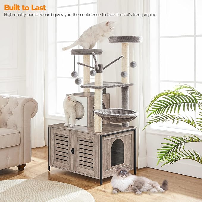HOOBRO Cat Tree with Litter Box Enclosure, 27.6" L x 18.9" W x 52" H, All-in-One Wooden Cat Tower, Cat Furniture for Indoor Cats, Cat Condo with Hammock, Detachable Teaser Sticks, Greige BG14MZ03