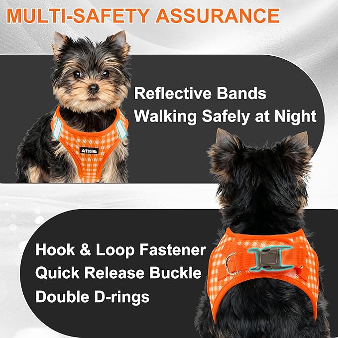 AIITLE Plaid Print Dog Harness Set – Lightweight, Reflective & Adjustable Vest Harness for Puppies – Perfect for Boston Terriers, Maltese & Indoor/Outdoor Use (XS, Orange)