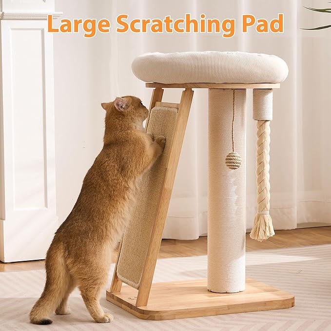 Modern Cat Tree Small Tower with Scratching Post for Indoor, Solid Wood Multifunctional Corner Cat Tree Tower with Bed, Dangling Ball,Interactive Rope, Scratching Board
