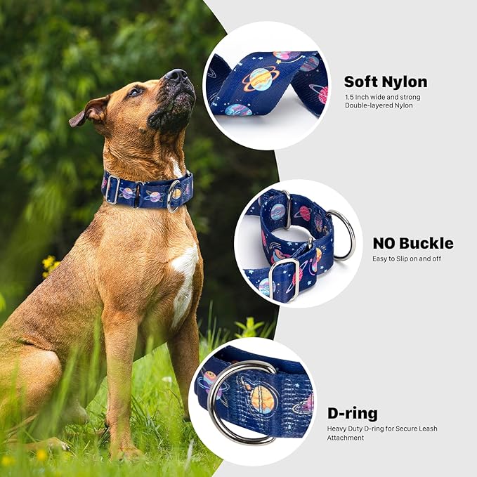 Thick Martingale Collar for Large Dogs - 1.5 Inch Blue Space Pattern No Pull Escape Proof Dog Collar, Adjustable Comfort Training Collar for Medium, Large & XL Dogs(Space L)