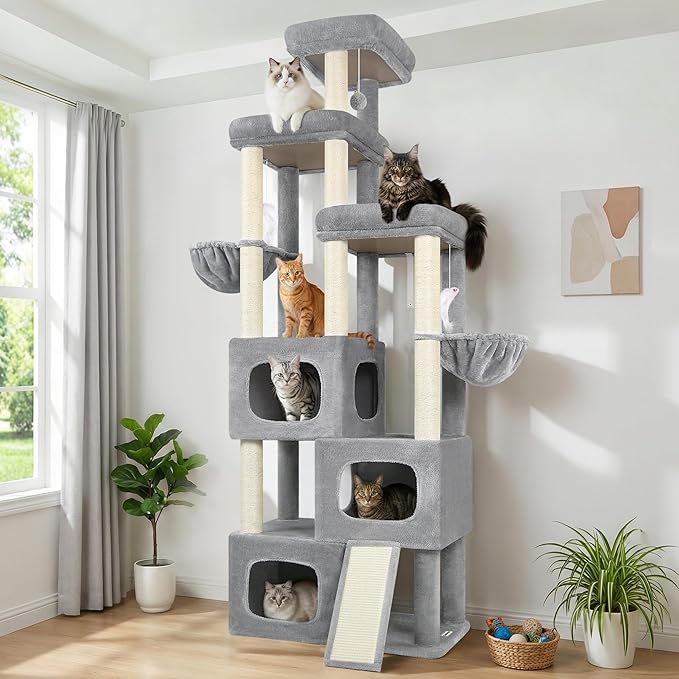 Globlazer 85 Inch Tall Cat Tree for Large Cats, Multi-Level Cat Tower for 4+ Cats with 3 Condos, 2 Hammocks & Sisal Posts, Heavy Duty Cat Tree Tower for Maine Coon, S85, Light Grey
