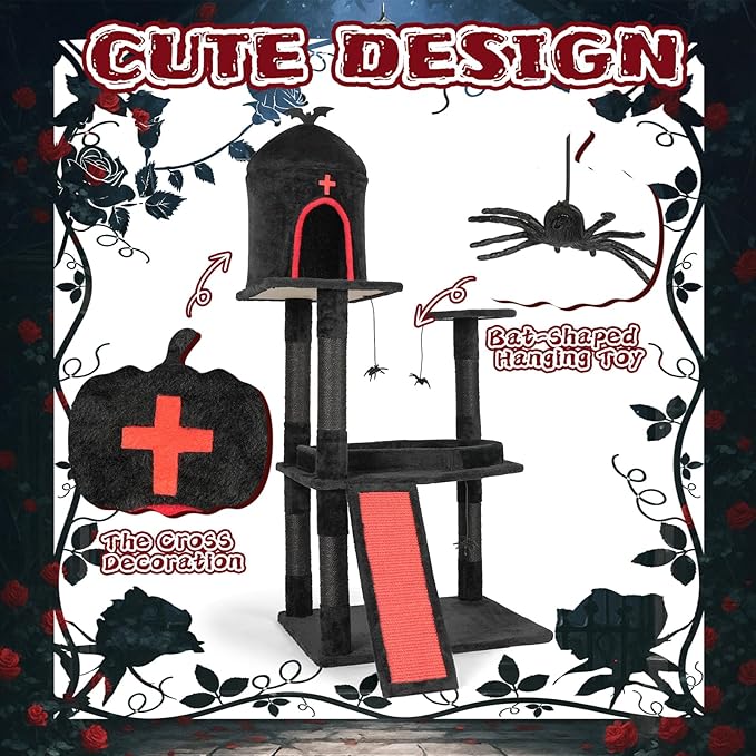 Gothic Cat Tree with Coffin Bed,53" Cat Tower with Spacious Cat Condo，Scratching Posts，Spider Hanging Ball，Multi-Level Cat Activities Furniture for Large Cats, Black Halloween