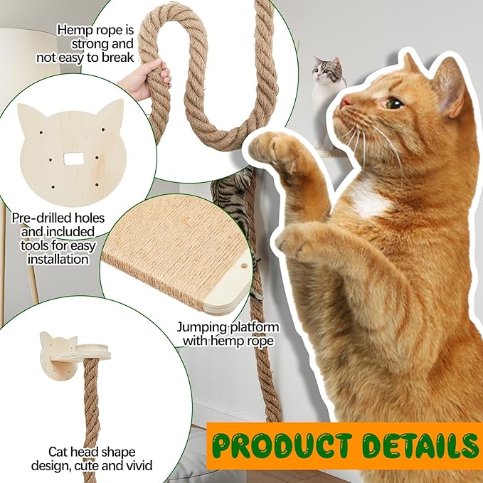 Weysat Cat Tree with 2 x 59.1 Inch Climbing Rope Wall Mounted Cat Climbing Tower Toy with Scratching Post Kitten Rope Ladder with Jumping Platform Wall Steps for Playing and Rest (Wood,Kitten Head)