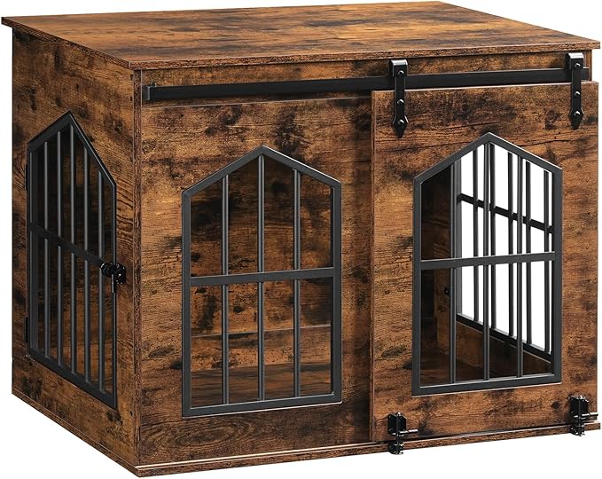 Dog Crate Furniture, 31.5" Farmhouse Dog Kennel with Sliding Barn Door, Wooden Dog Cage for Small Medium Dogs, Decorative Pet House Side End Table, Chew-Resistant, Rustic Brown DCHR9601