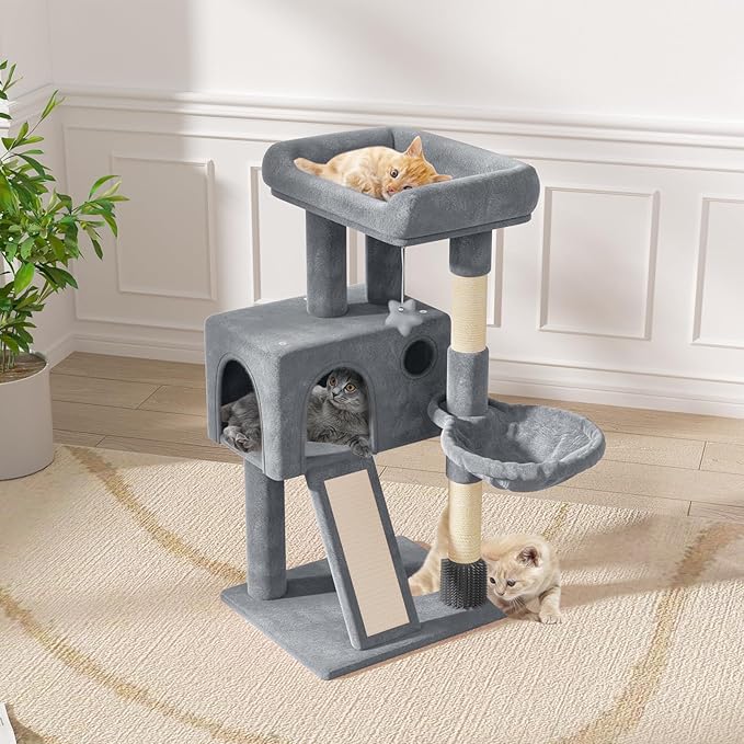 Magshion 36" Tower for Indoor Pets, Compact Multi-Level Condo with Scratching Posts, Top Perch, Side Basket & Dangling Ball, Climbing Furniture for Kittens & Seniors, Light Grey