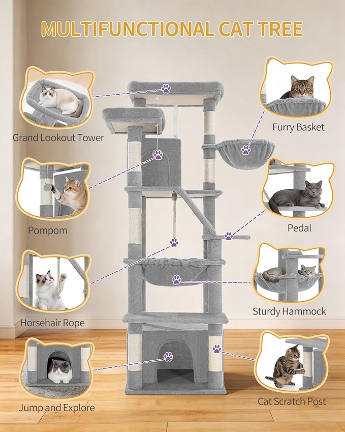 Large Cat Tree, 72 Inch Tall Indoor Cat Tower for 6 Large Cats, Corner Climbing Activity Pet Condo with 2 Large Platforms/2 Cats House/6 Scratching Post/1 Hanging Basket, Light Gray MS18318LG