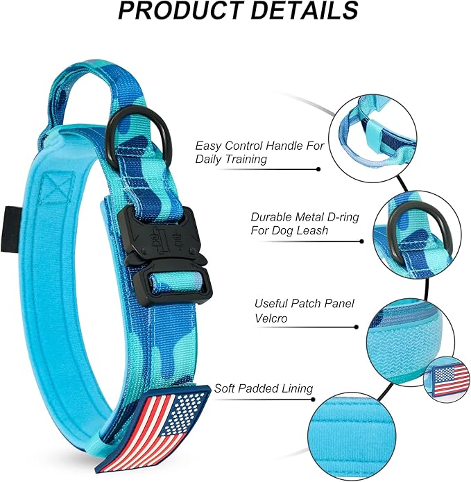 Hotsky Tactical Dog Collar, Adjustable Military Training Nylon Airtag Collar with Handle and Heavy Duty Metal Buckle for Medium Large Dogs, with Airtag Holder and Two Patches （Blue Camo,M）