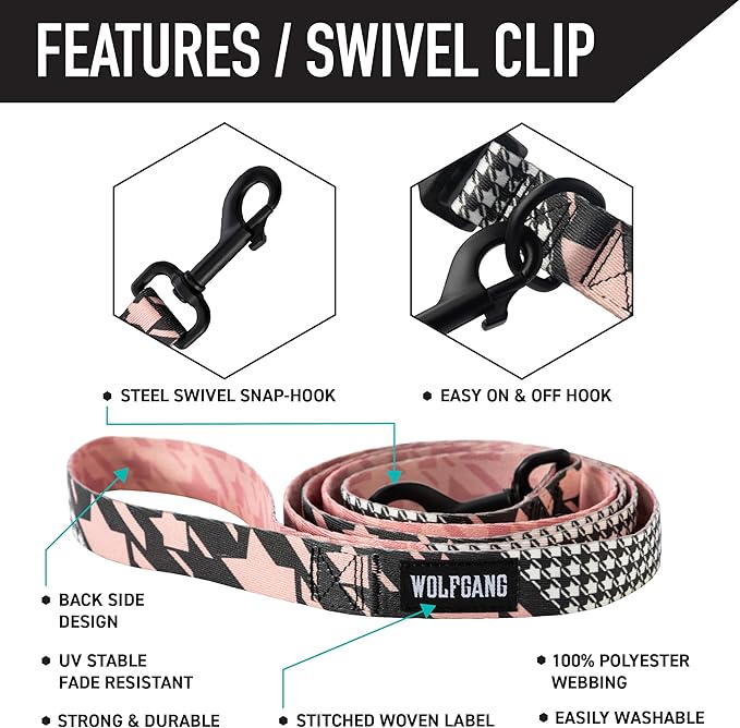 Wolfgang Heavy Duty Dog Leash, Pull-Tested to Over 800 lbs for Walking & Training, HoundsPink Print, Small