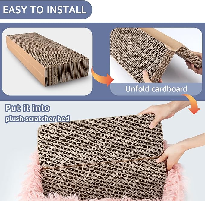 Fluffy Cat Scratcher Bed Box with Removable Cardboard, Corrugated Board Rectangular Cat Scratching Lounge, Pet Scratch Pad for Furniture Protection (Pink)