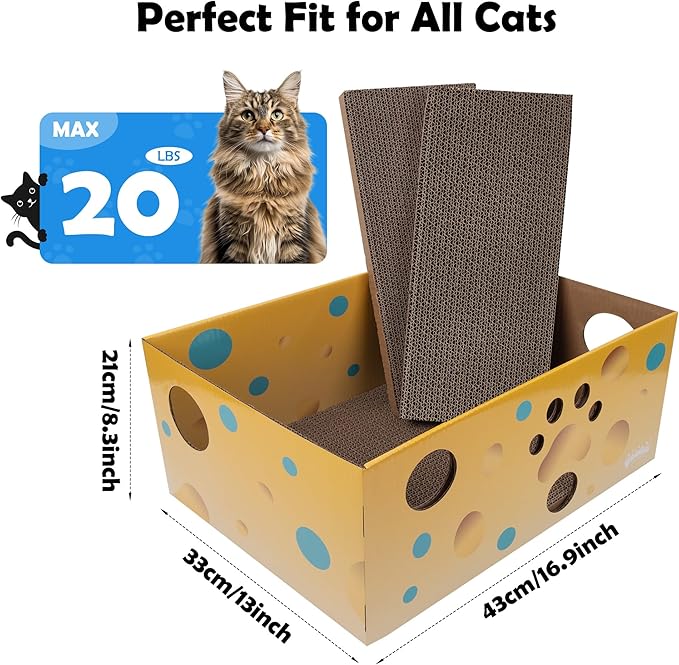 Pawise Heavy Duty Cardboard Cat Scratcher Box with 2 Refillable Scratcher Pads & Peekaboo Holes – Large Cat Scratch Box for Indoor Cats + Bonus Cat Toy Wand