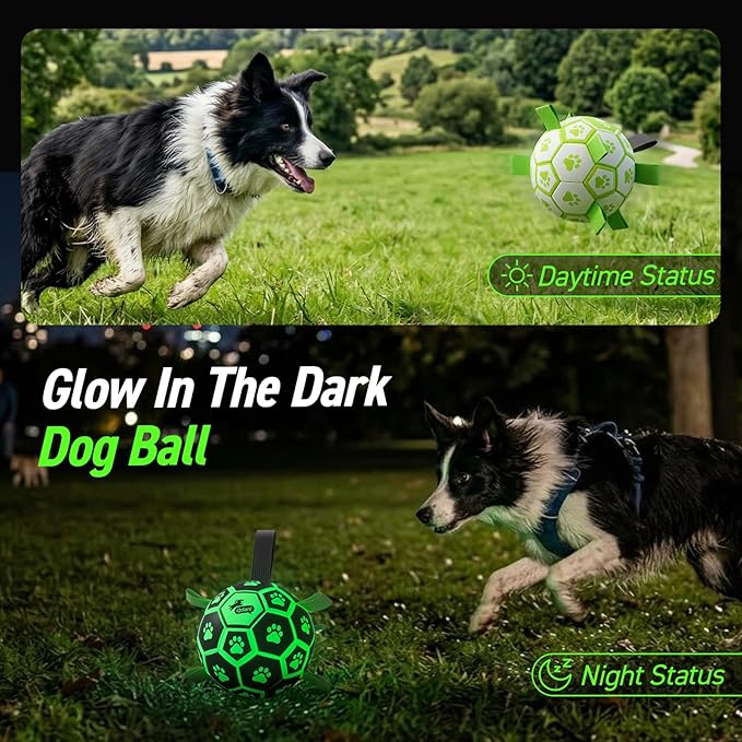 QDAN Glow in The Dark Dog Toys Soccer Ball with Straps - Light Up Dog Balls for Large Dogs, Interactive Dog Toys with Strap for Tug of War,Puppy Birthday Gifts (8 Inch)