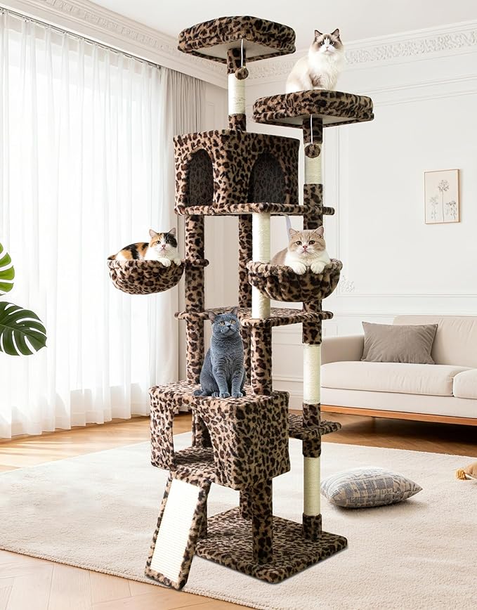 82" Tall Cat Tree,Giant Cat Tree for Indoor Cats Large Adult, Heavy Duty Cat Tree Tower, Extra Large Cat Trees with Scratching Posts, Cat Condos, Hammock,Top Perch,Ramp (Leopard)