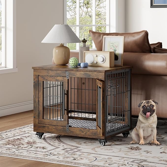 Dog Crate Furniture with Cushion, Wooden Dog Kennel Indoor with Double Doors, Dog Cage with Wheels, Dog House Side End Table for Small Dogs up to 30 lb, 27.2" L, Rustic Brown