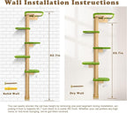 Floor to Ceiling Cat Tree for Kittens, Wall Mounted Cat Wall Furniture with Green Plush Pads, 5 Platform Wild Simulation Climbing Tower, Adjustable Height