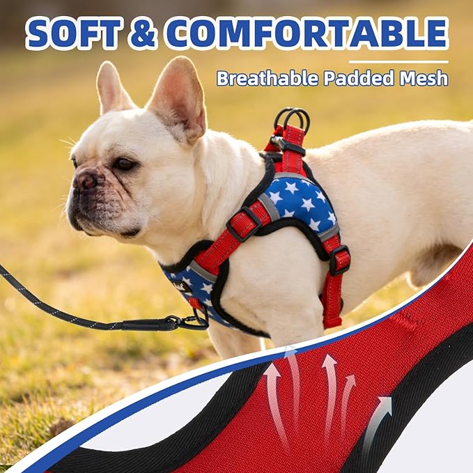 PUPTECK No Pull Dog Harness Small Sized Dog, Adjustable Reflective Escape Proof Easy Control, Comfortable Soft Padded Step in Pet Vest Harness, Blue Stars, M