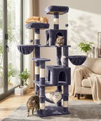 AMHANCIBLE Cat Tree, 70 Inch Cat Tower for Indoor Cats, Multi-Level Cat Tree with Scratching Post, Hammock, Hanging Basket, Large Cat Condos for Adult Cats Kittens, Dark Grey, PT18DG