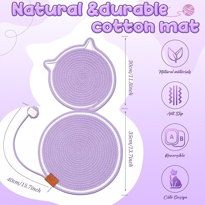 25.6 Inch Large Scratching Mat for Indoor Cats Natural Cotton Rope Flat Scratcher with Ear Hooks and Ball Toy Cat Scratch Rug Pad for Wall, Couch, Carpets, Sofas (Purple)