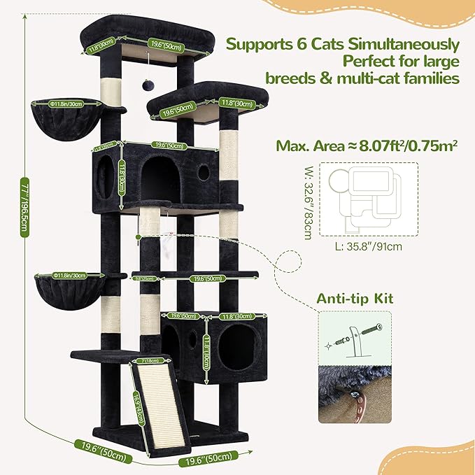 Globlazer 77" Cat Tree for Large Cats, Tall Cat Tower with Scratching Board & Thickened Stable Base, Skin-Friendly Multi-Level Activity Center for Multi-Cat Household, Maine Coon, S77C,Dark Grey