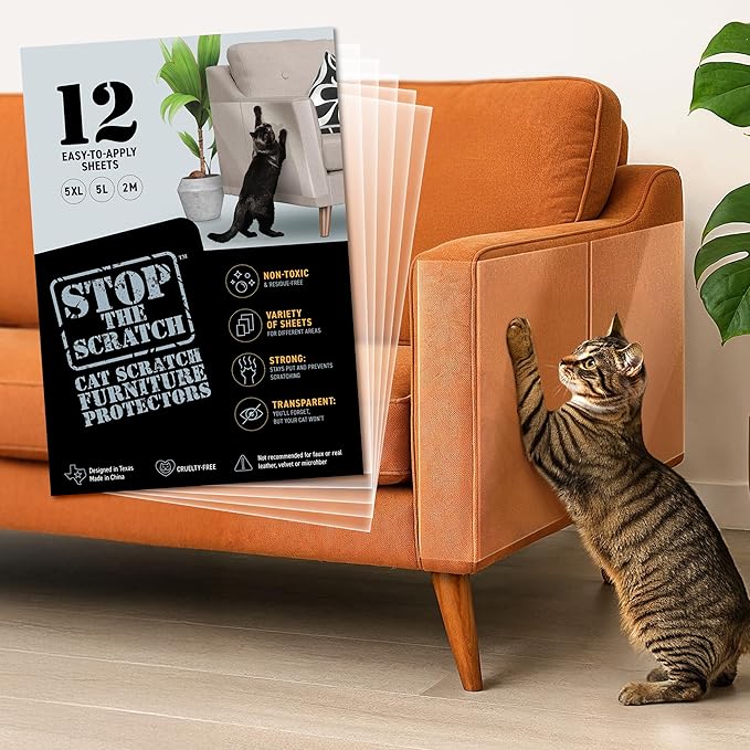 Pro Strength Cat Scratch Deterrent Tape – 12 Clear Double-Sided Sticky Sheets to Protect Furniture – Pet-Safe, Transparent Anti-Scratch Adhesive for Cats