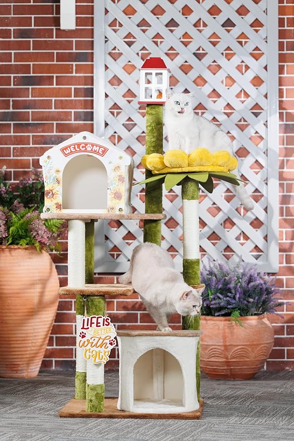 HYABi 62.4 Inch Tall Flower Cat Tree Tower Condo Climbing for Indoor Cats Multi Level with Sisal Scratching Post Hammocks Pet House Play Home Furniture Platform