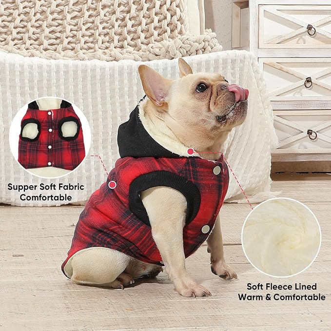 Fleece Lining Dog Hoodie for Medium Dogs Extra Warm Plaid Sweater with Drawstring Hooded Coats in Winter Doggie Jacket,Red XL