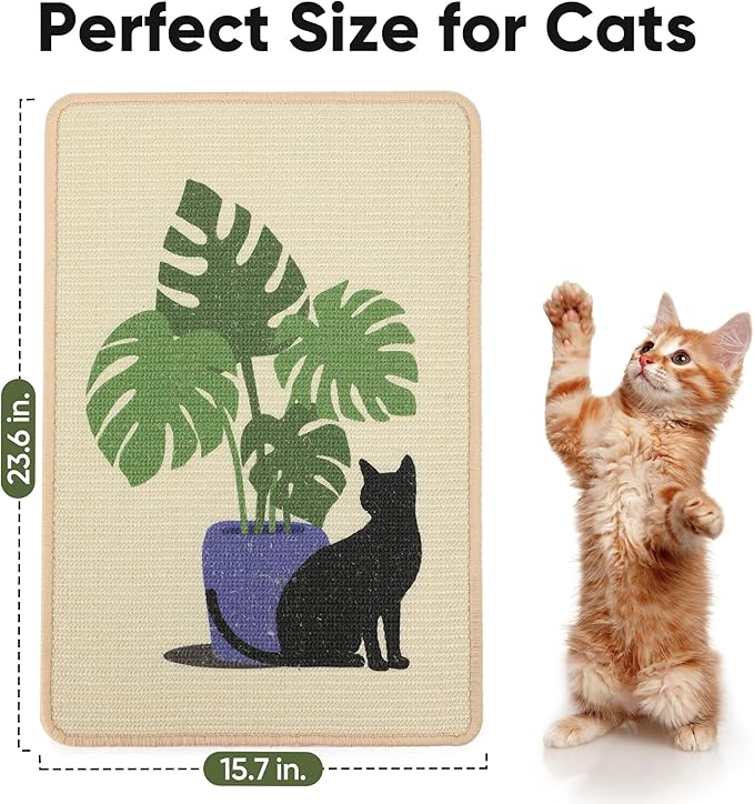 FUKUMARU Sisal Cat Scratching Mat, 23.6 x 15.7 Inch Natural Sisal Cat Scratch Pad Mats for Indoor Cats, Horizontal Cats Wall Scratcher Kitten Floor Rug with Sticky Tapes, Furniture Protector(Monstera)