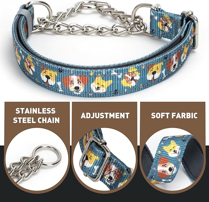 Reflective No-Pull Martingale Dog Collar with Chain, Adjustable Training Collar with Cute Cartoon Dog Pattern for Medium, Large, XL Dogs (Medium)