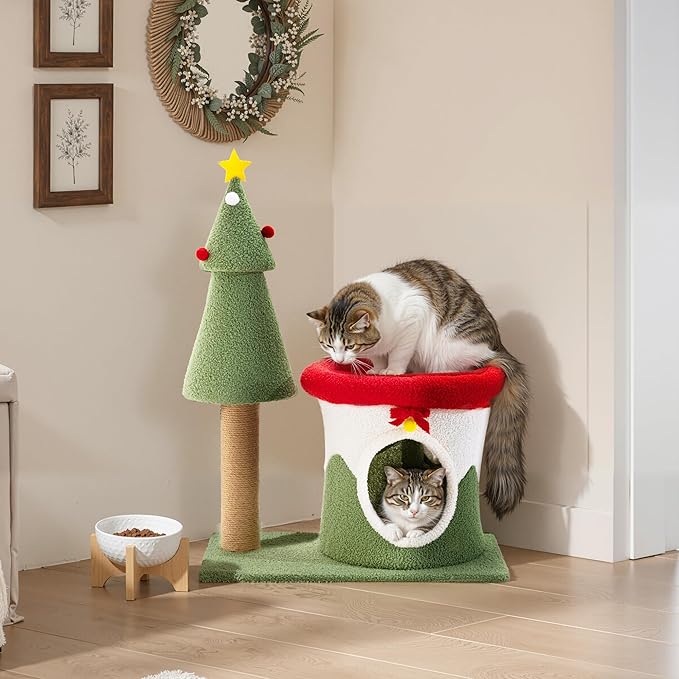 AQUILLA 29.7in Christmas Cat Tree Tower for Indoor Cats, Multi-Level Cat Condo with Sisal Scratching Posts, Cozy Hideaway & Top Perch, Red & Green Holiday Pet Play House for Small Cats and Kittens