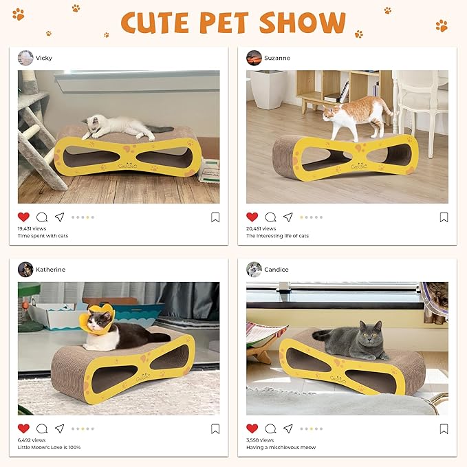 COZIWOW Infinity Cat Scratcher Lounge Bed, Cardboard Cat Scratching Pad Board, Durable Cat Scratch Furniture Protector for Indoor Cats Kittens, Yellow