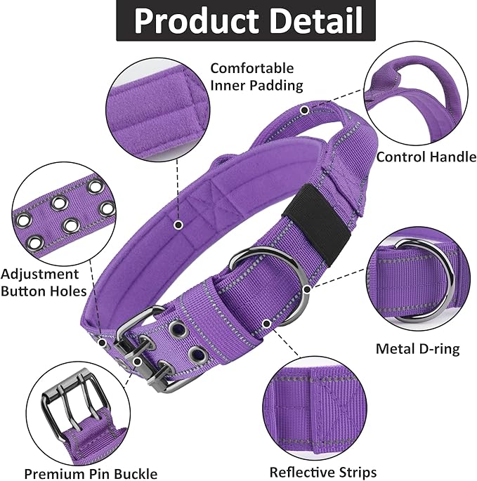 Tactical Dog Collar with Control Handle, Military Adjustable Pet Collar Reflective Heavy Metal Buckle Dog Collar, Soft Nylon Training Collar for Medium Large Dogs (Purple, Medium)