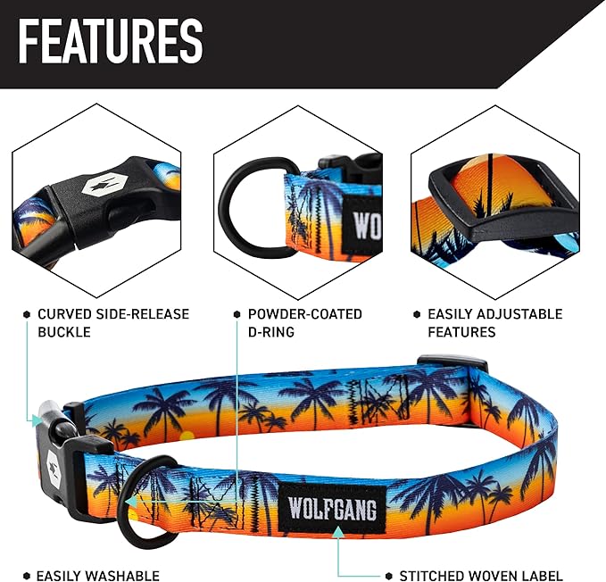 Wolfgang Heavy Duty, Adjustable Dog Collar with Quick Release Nylon Buckle for Walking & Training, SunsetPalms Print, Small