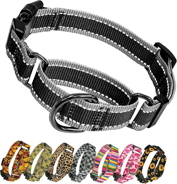 Kazazoo Reflective Martingale Collar for Dogs with Quick Release Buckle Adjustable Soft Durable Dog Collar for Small Medium Large No Pull Training Dog Collars-Black M