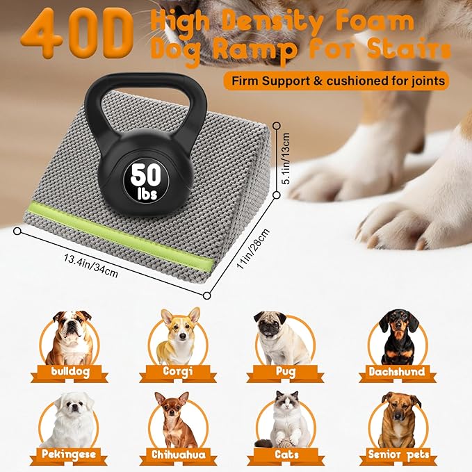 JoyBlooms Dog Ramp for Stairs for Small & Senior Dogs Cats, 40D Density Foam Gentle Slope Non-Slip Dog Stair Ramp with Glow Strip, Pet Ramp with Removable Washable Cover Gray-3pcs