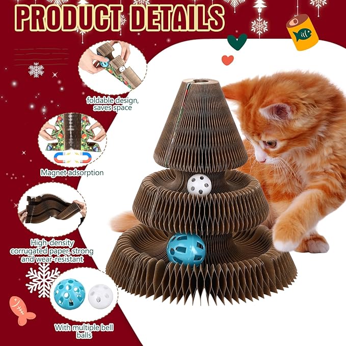 Soulchen Christmas Tree Magic Organ Cat Scratching Board, Combinable Cat Toy, Interactive Cardboard Kitty Scratcher with Bell Ball, Durable Foldable Accordion Scratch Pad, Exercise for Indoor