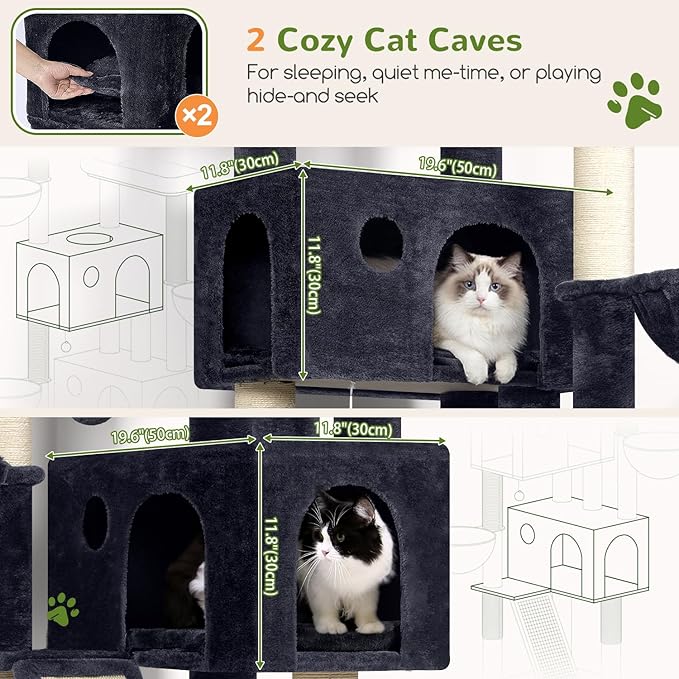 Globlazer Large Cat Tree, 72 inch Tall Cat Climbing Tower for Indoor Large Adult Cats Multi-Level Furniture Tree House with 2 Cozy Perches, 2 Padded Condos, 5 Sisal Scratching Posts, F72G, Dark Grey