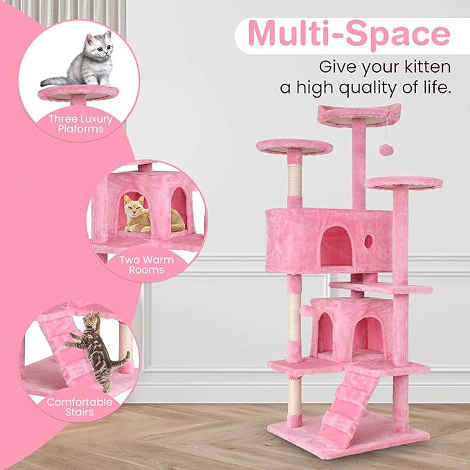 24/7 Shop at Home Court 54 inch Multi-Level Cute Cat Tree Tower with Dangling Ball and Scratching Posts for Indoor Cats Adults, Kitten Supplies, Pet House, Pink
