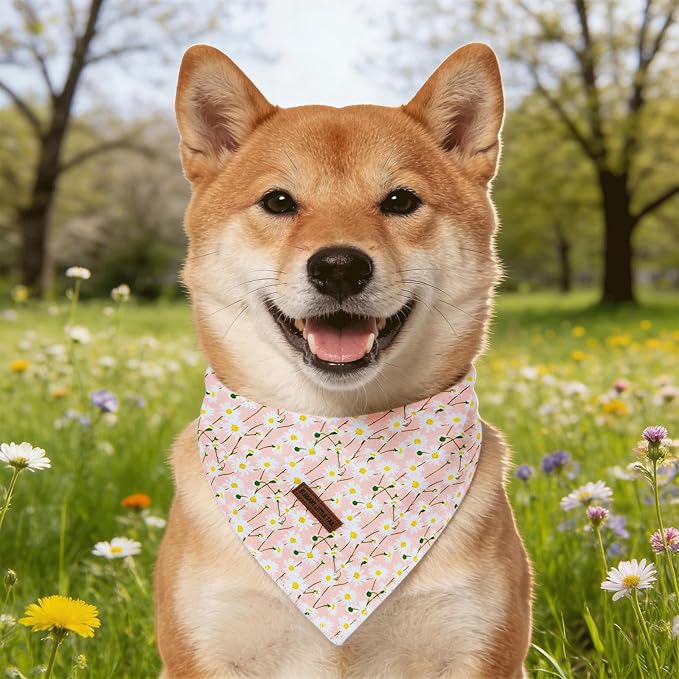 Elegant little tail Dog Bandana, Pink Rose 1PC Washable Dog Scarf Female or Male Square Bib Kerchief Scarf Adjustable Pet Bandana for Medium Large Dogs