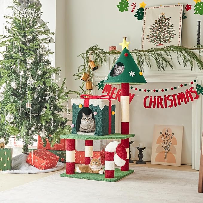 Christmas Cat Tree Tower for Indoor Cats - 45In Multi-Level Cat Climbing Tower with Cat Condos, Xmas Tree Gift Box Shaped Condo Candy Cane Design Cute Cat Tree Tower Holiday Decoration