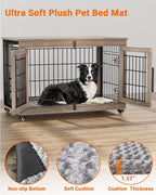 Dog Crate Furniture with Cushion, Large Wooden Dog Kennel Indoor with Double Doors, Dog Cage with Wheels, Dog House Side End Table for Large Medium Dogs up to 70 lb, 38.5” L, Grey